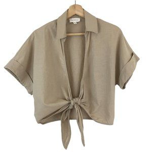 MABLE Shirt Tie Front Beige Linen Blend Minimalist Modern Cropped Relaxed Top  S